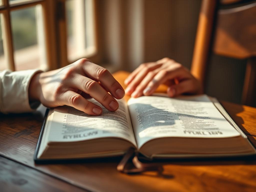 Hands resting on an open Bible at a wooden table